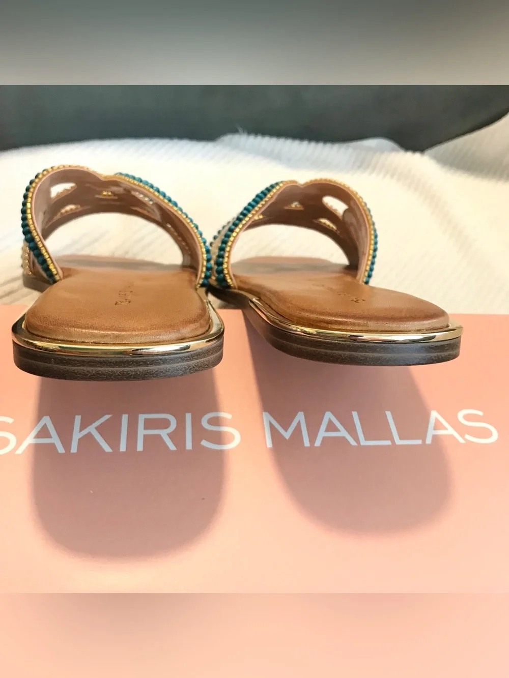 Tsakiris Mallas Greek Leather Flat Sandals Turquoise Beaded EU 41 US 10.5 NIB